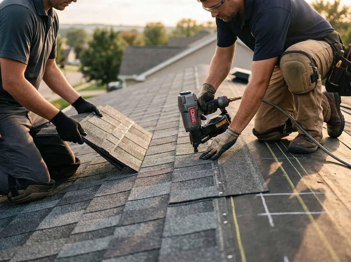 Professional roofer working on a residential roof in Vermilion